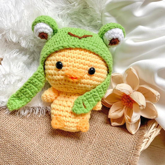 Baby Chick in Frog Hat Plushie | Yellow Chick Crochet Doll | Frog Hat Crochet | Soft and Fluffy Crochet Plushie | Cute Crochet Toys