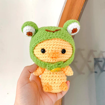 Baby Chick in Frog Hat Plushie | Yellow Chick Crochet Doll | Frog Hat Crochet | Soft and Fluffy Crochet Plushie | Cute Crochet Toys