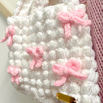 Coquette Crochet Bag | Pink Aesthetic Crochet Bag | Cute Ribbon Crochet Purse | Small Minimalist Handbag