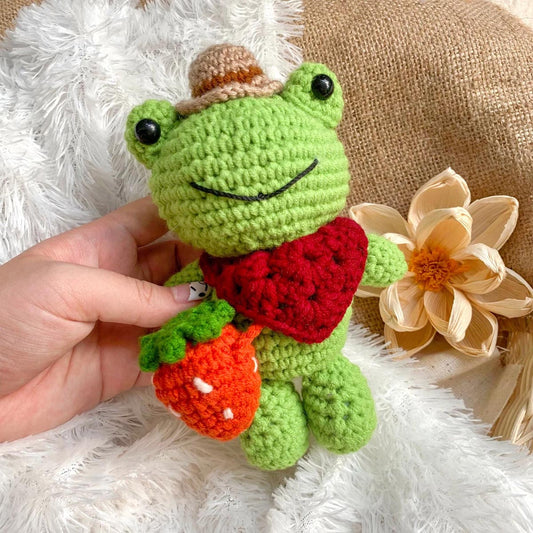 Cowboy Frog Crochet Plushie | Green Frog with Strawberry Bag Crochet | Cute Amigurumi Animal | Fluffy Toys | Handmade Crochet