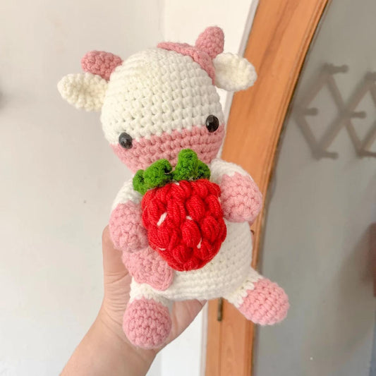 Cow with Strawberry Crochet Plushie | Cute Animal Crochet Doll | Stuffed Toy Friend | Pink Animal Amigurumi | Soft Toy