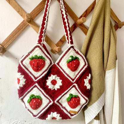 Maroon Strawberry Tote Bag | Crochet Tote Bag | Granny Square Bag | Cute Crochet Shoulder Bag | Handmade Crochet Bag