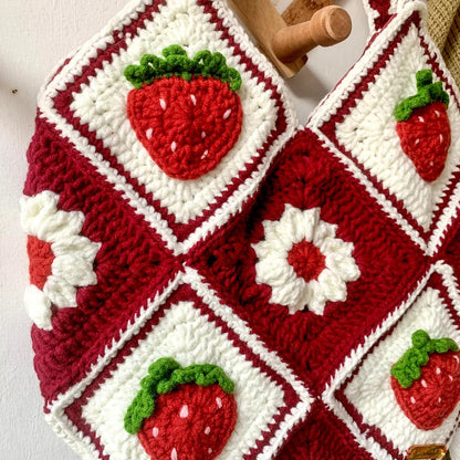 Maroon Strawberry Tote Bag | Crochet Tote Bag | Granny Square Bag | Cute Crochet Shoulder Bag | Handmade Crochet Bag