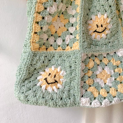 Smiley Face Crochet Bag | Mint Green Crochet Handbag | Granny Square Crochet | Large Crochet Purse | Yellow and White Crochet Bag