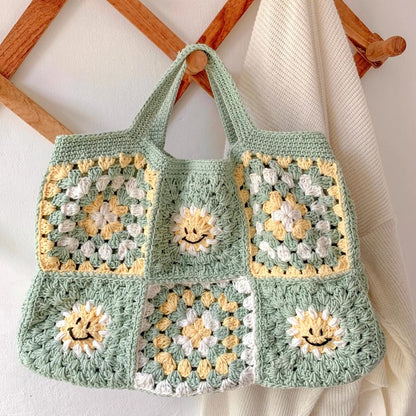 Smiley Face Crochet Bag | Mint Green Crochet Handbag | Granny Square Crochet | Large Crochet Purse | Yellow and White Crochet Bag