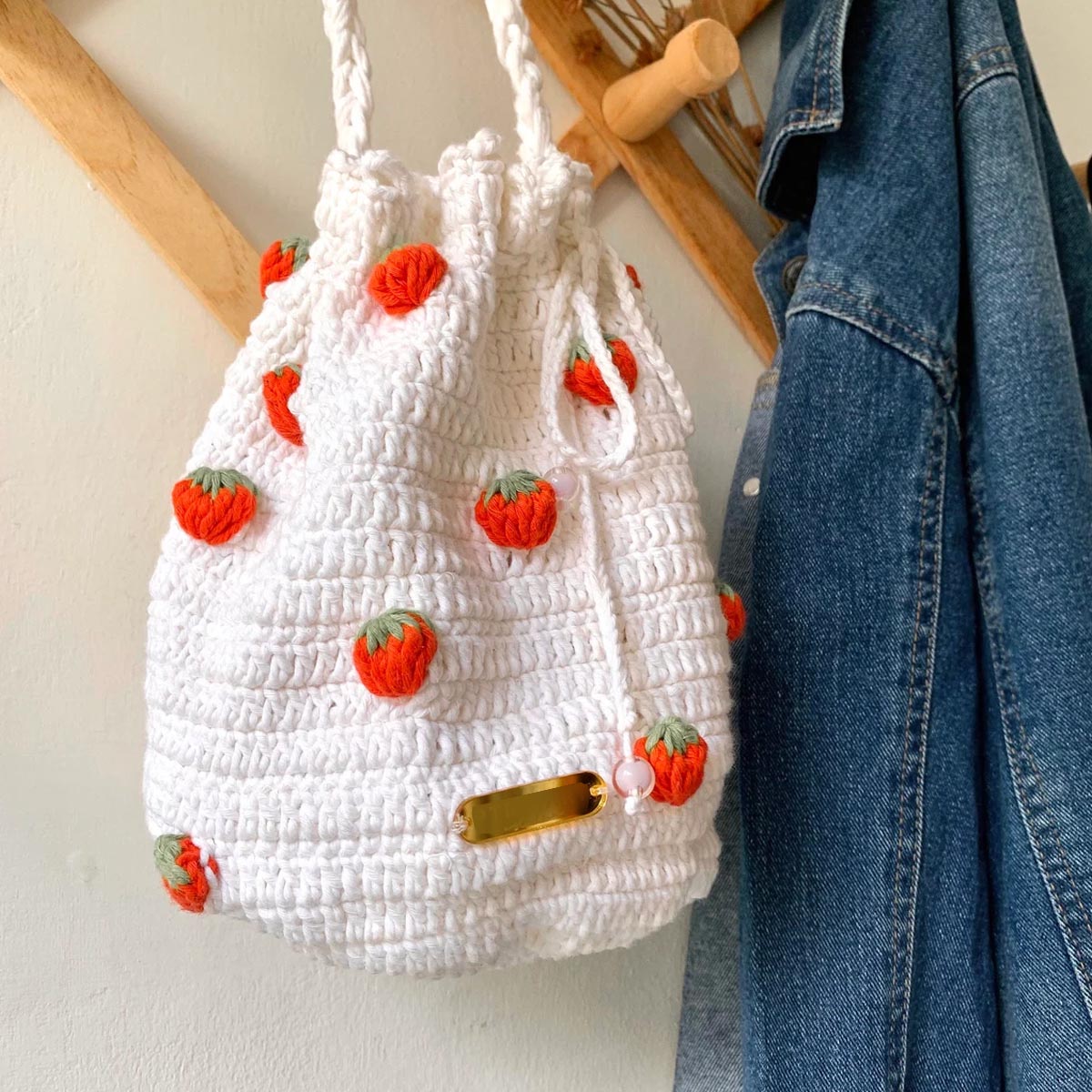 Strawberry Crochet Bag | Crossbody Cute Bag | Minimalist Strawberry Purse | Modern Crochet Sling Bag | Aesthetic Drawstring Bag