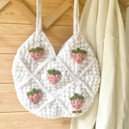 Strawberry Crochet Tote Bag | Strawberry Purse with Granny Square Crochet | Cute Crochet Bag | White Strawberry Crochet Bag