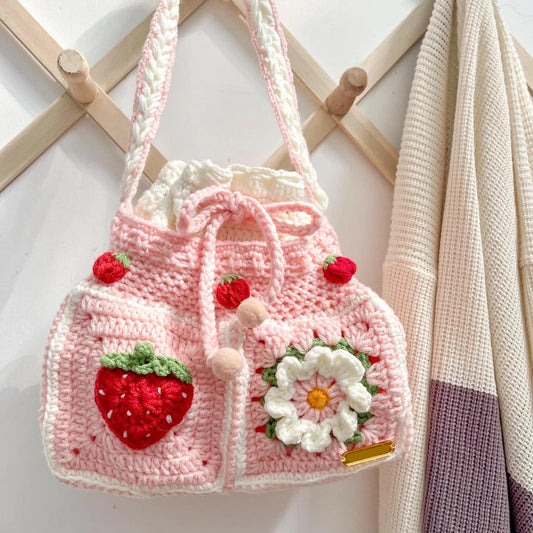 Strawberry Drawstring Crochet Bag | Cute Pink Crochet Purse | Summer Crochet Sling Bag | Handmade Shoulder Bag | Flower Granny Square Crochet