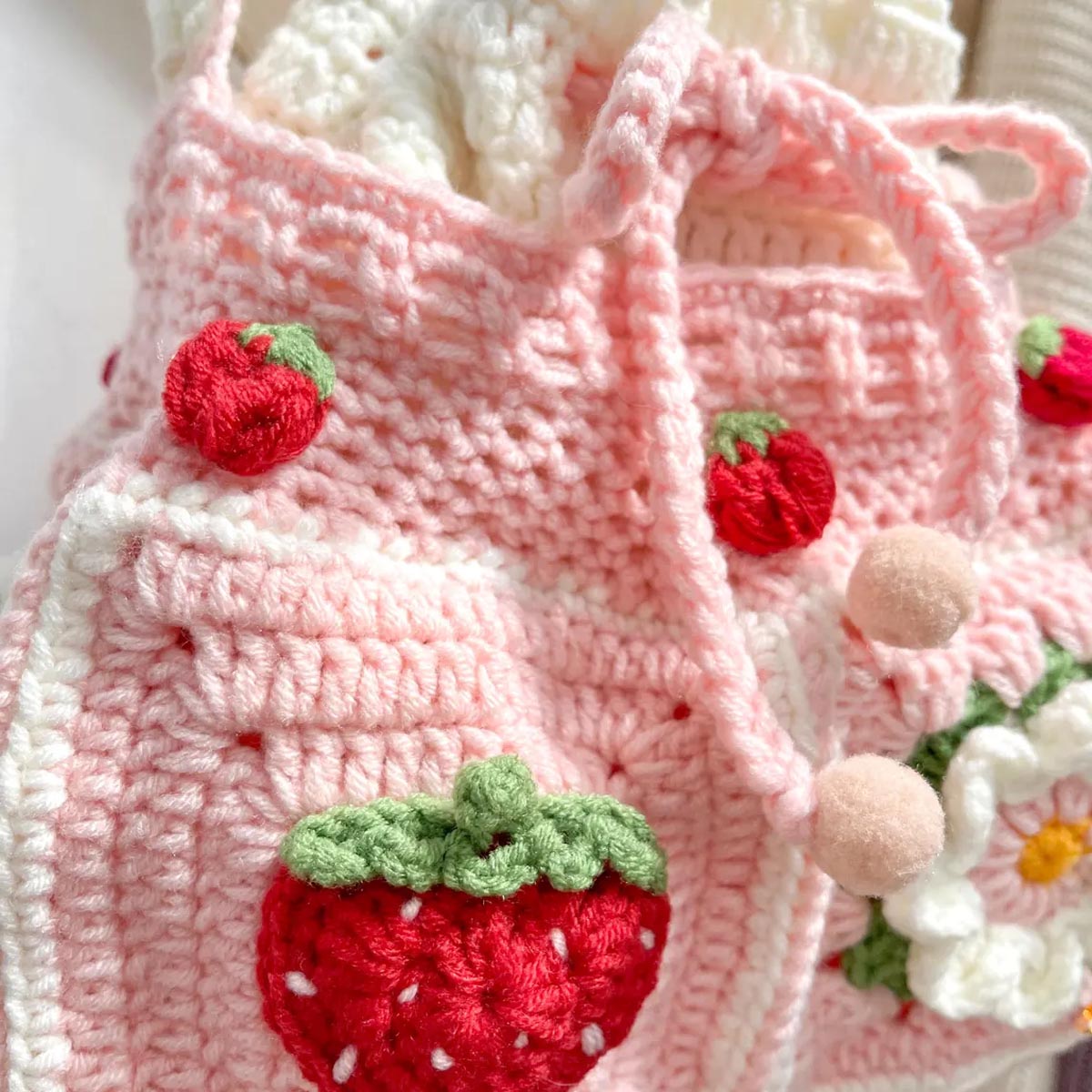 Strawberry Drawstring Crochet Bag | Cute Pink Crochet Purse | Summer Crochet Sling Bag | Handmade Shoulder Bag | Flower Granny Square Crochet