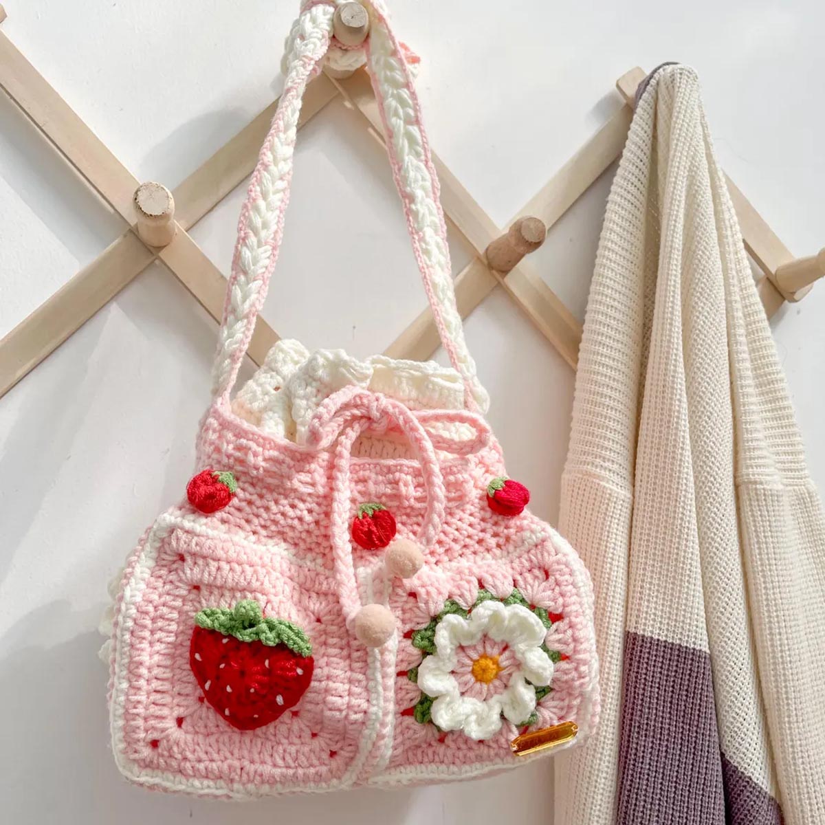 Strawberry Drawstring Crochet Bag | Cute Pink Crochet Purse | Summer Crochet Sling Bag | Handmade Shoulder Bag | Flower Granny Square Crochet