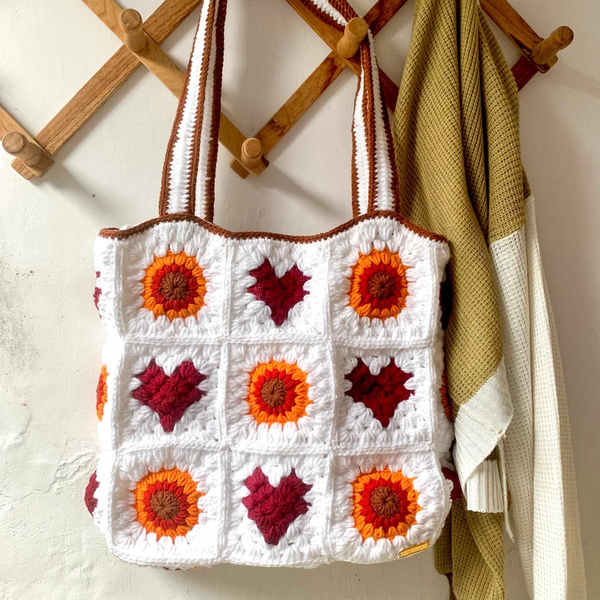 White Boho Crochet Tote Bag | Love Crochet Bag | Granny Square Crochet | Large Tote Bag | Handmade Bag